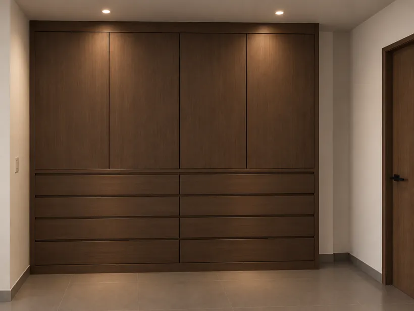 Render del clóset principal cerrado, con puertas altas y cajonera de nogal