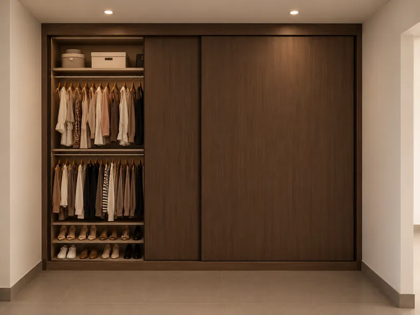 Render de clóset de nogal con puertas corredizas y una sección abierta con ropa colgada