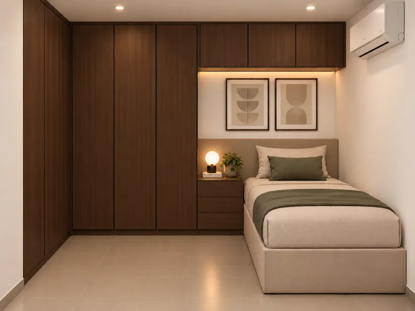 Render de recámara secundaria con clóset de piso a techo en nogal y cama individual