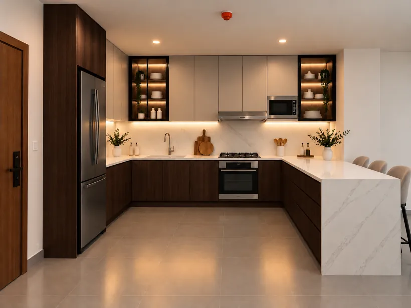Render de la misma cocina vista de frente, con refrigerador empotrado y estufa