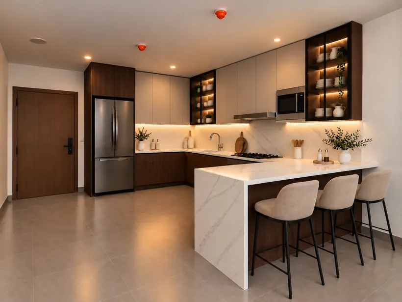 Render de cocina en U con gabinetes de nogal, alacenas claras, vitrinas iluminadas y barra de cuarzo con bancos
