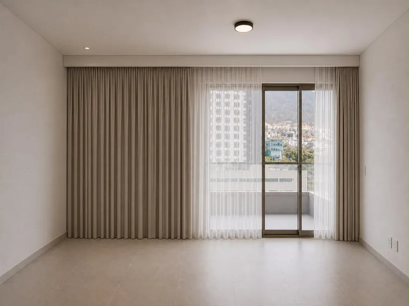 Render de sala con cortina y visillo de muro a muro frente a la puerta del balcón, con riel oculto en el plafón