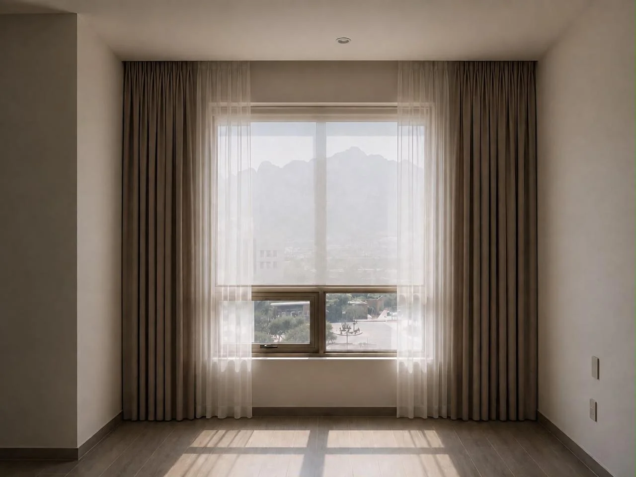 Render de departamento con ventana grande, cortinas de piso a techo y vista a la montaña